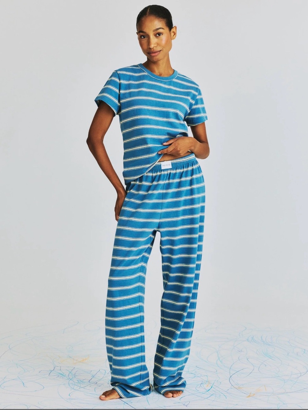 PARKE Cotton Boxer Striped Blue Relaxed Pants - Women